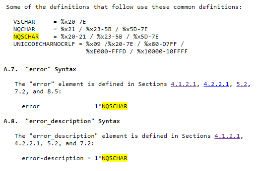 OAuth 2.0 specification about USCII characters