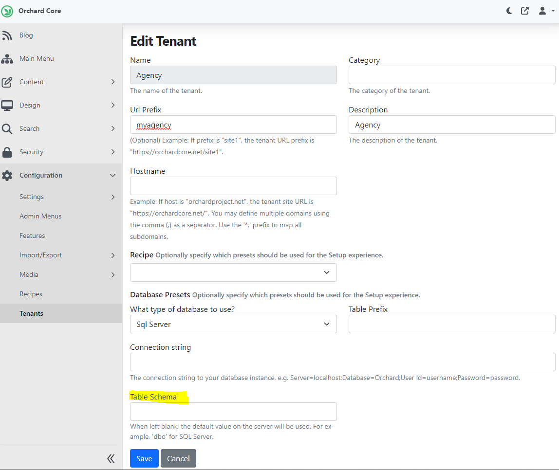 Define the Table Schema in the admin UI