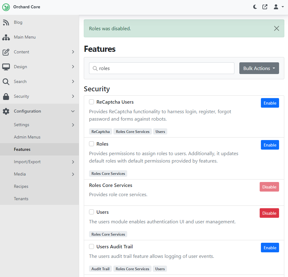 Disable the Roles module