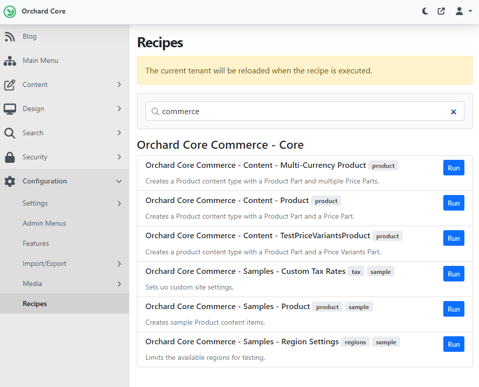 Recipes of the Commerce module