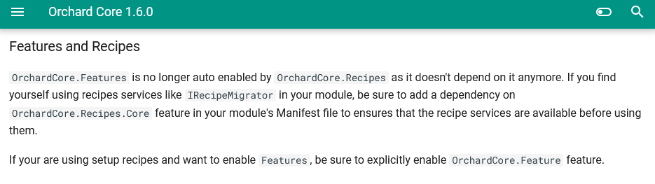 Features and Recipes breaking changes