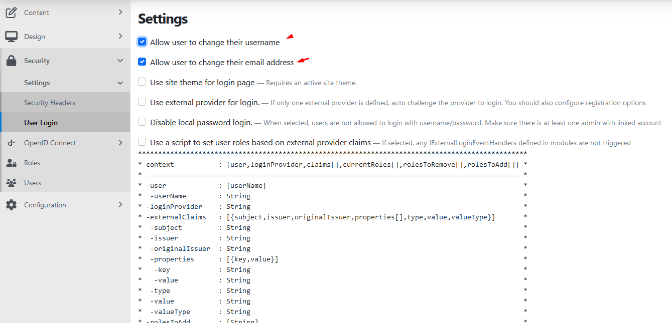New User Login settings
