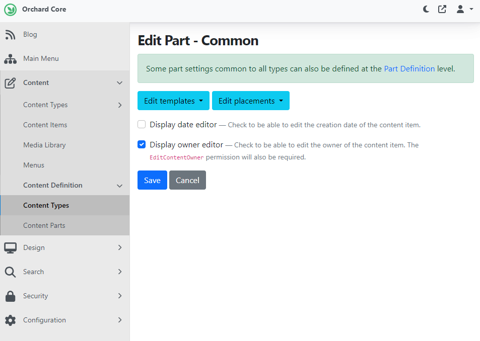 The Display owner editor checkbox option of the Common Part settings
