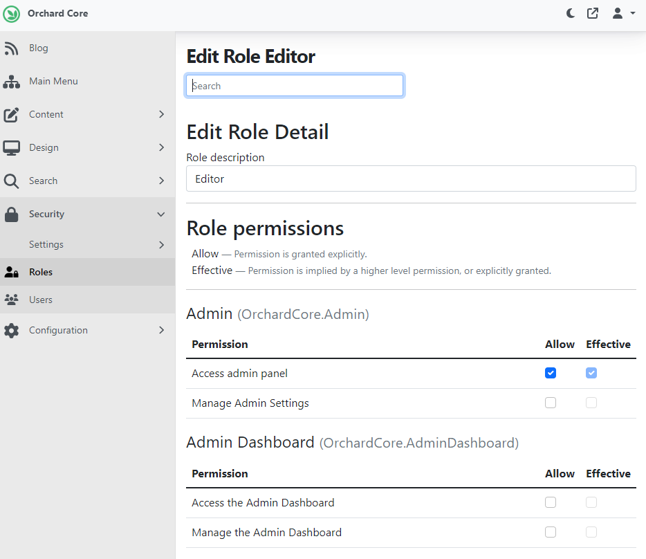 Editor role has no access to the admin dashboard