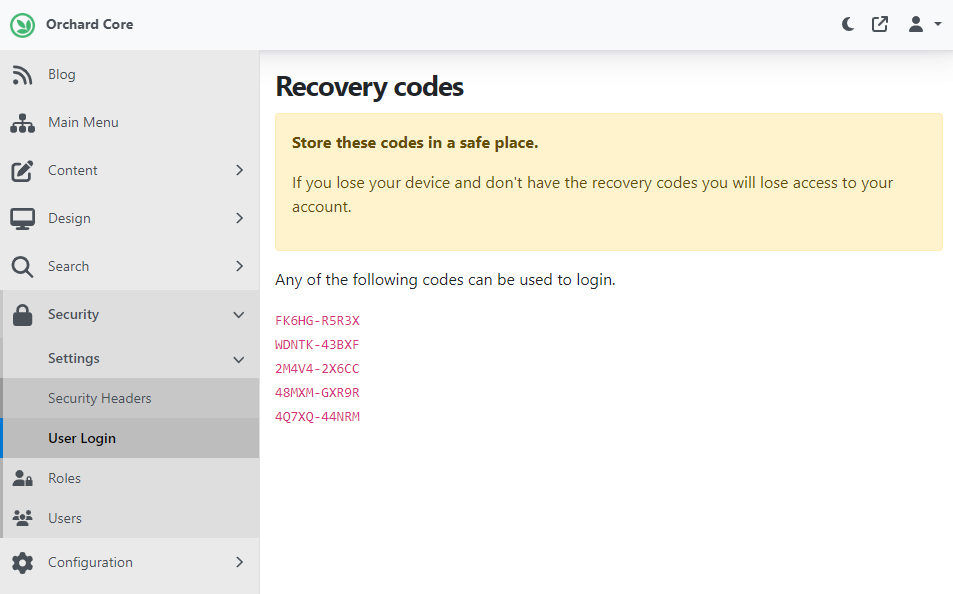 Recovery codes