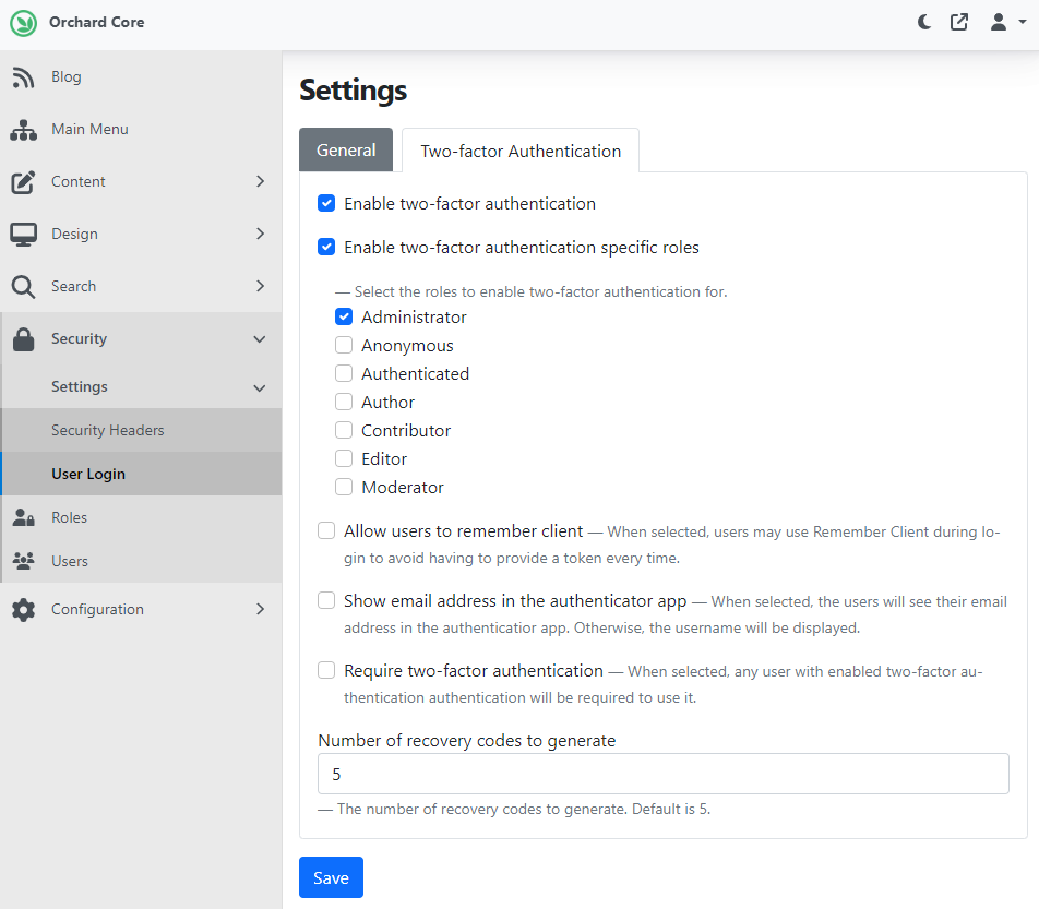 Two-factor Authentication settings