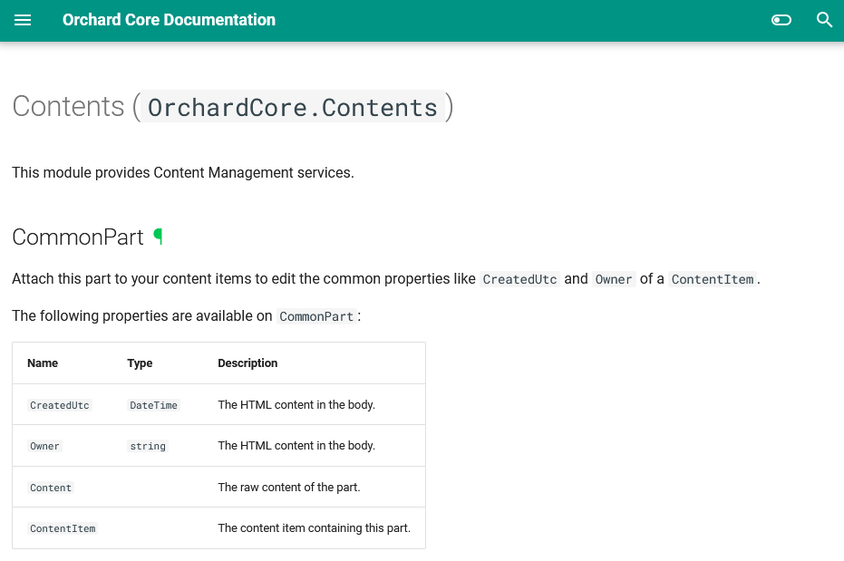 Add CommonPart documentation