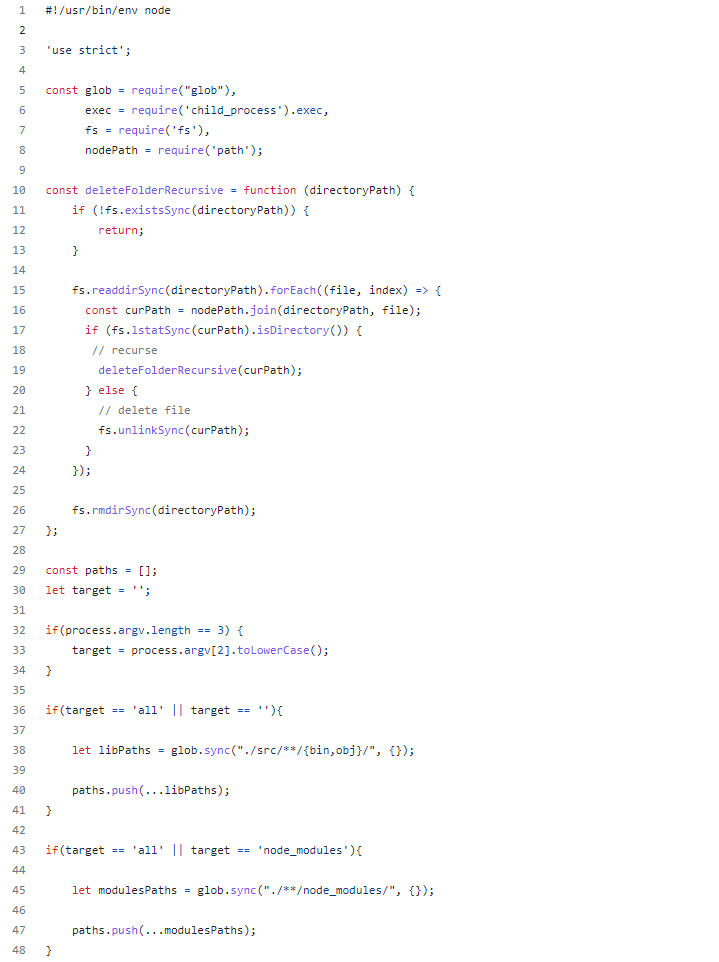 Add a script to cleanup the lib/bin and/or node_modules folders