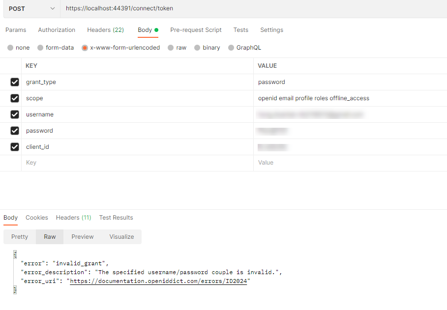 Trying to get an access token using the email address