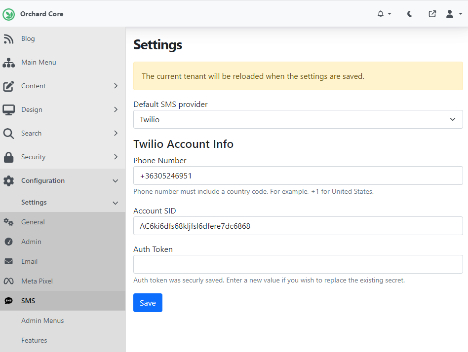 Twilio SMS provider settings
