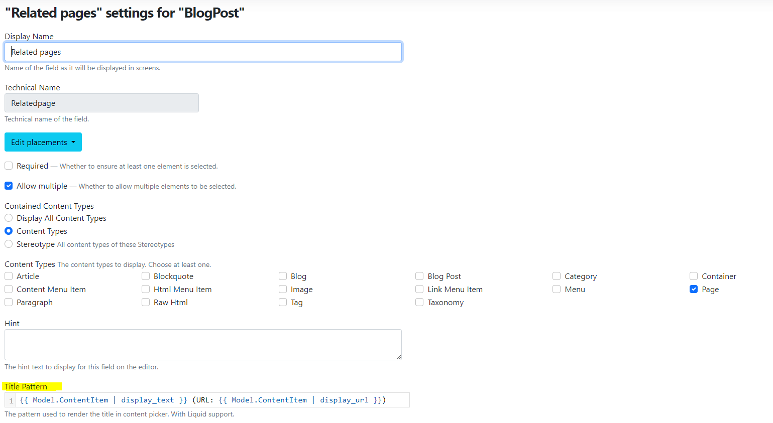 The editable title pattern of the Content Picker Field