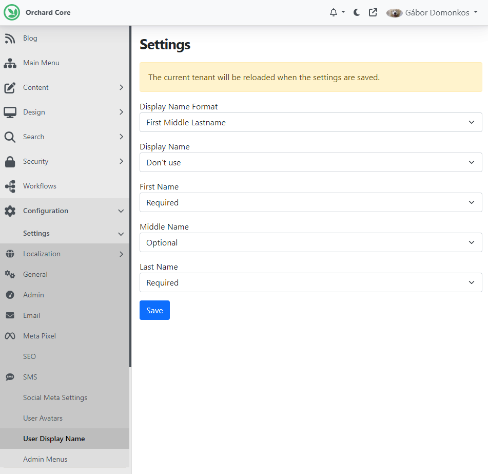 User Display Name Settings