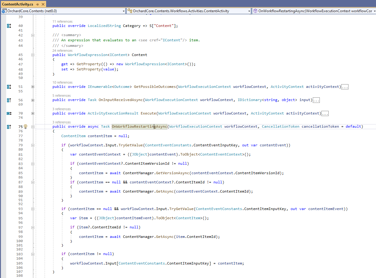 The ContentActivity implements the OnWorkflowRestartingAsync method