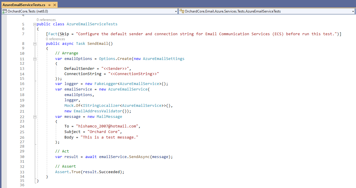 The AzureEmailServiceTests class