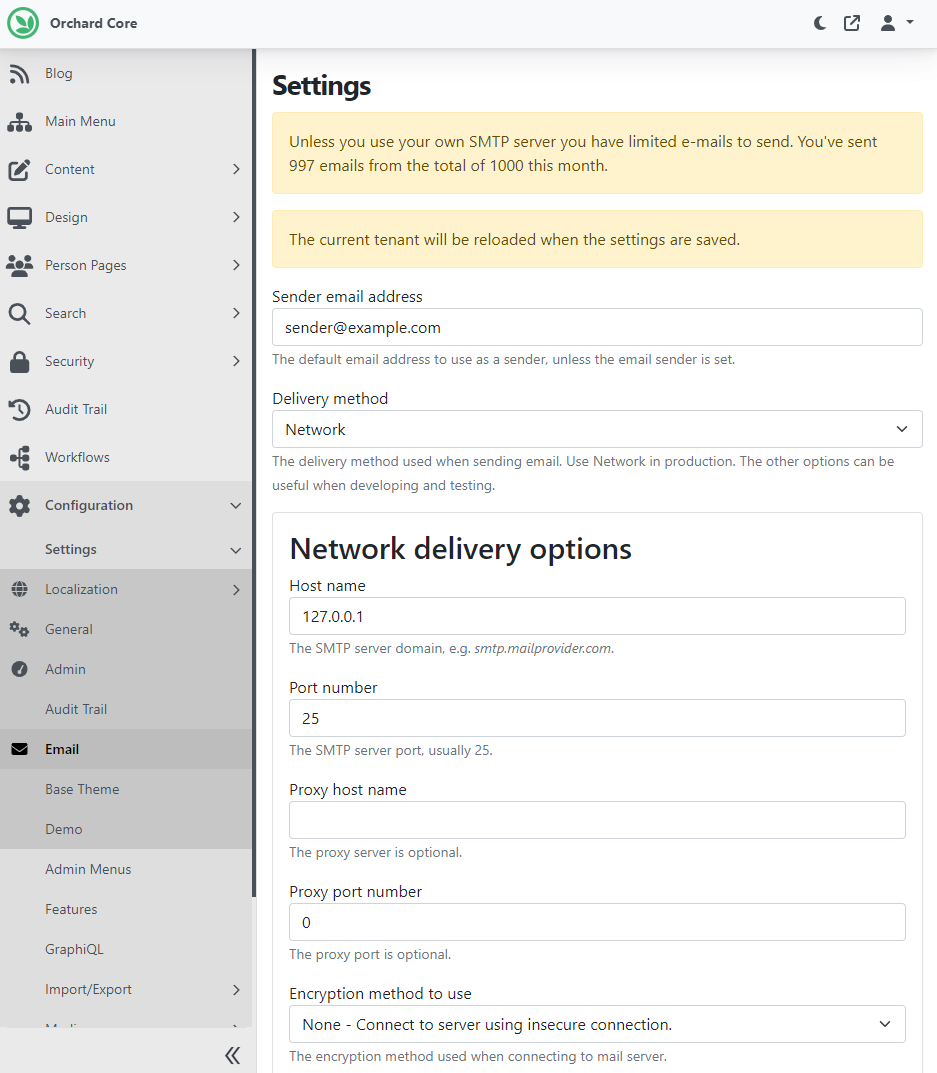 Email quota warning message