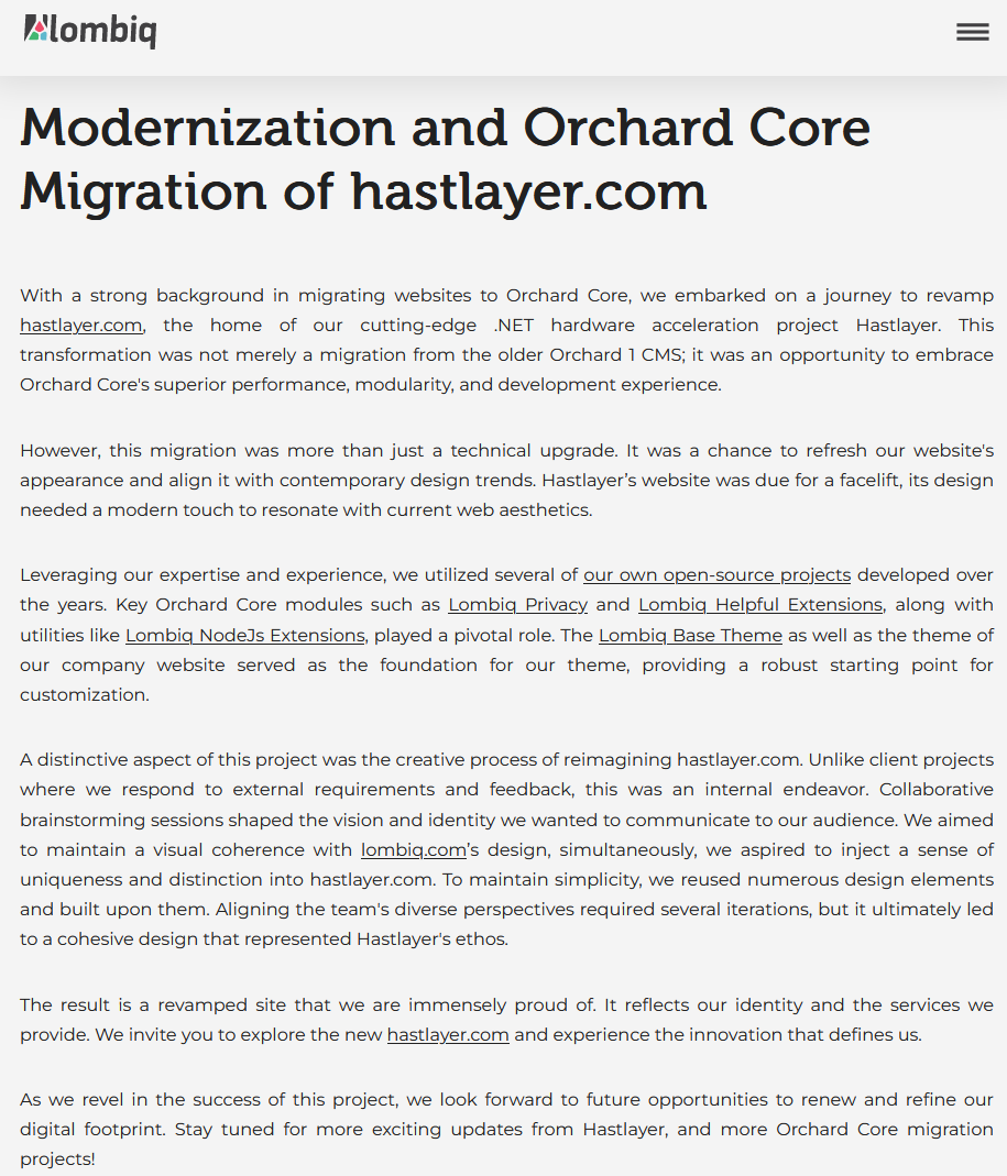 Modernization and Orchard Core Migration of hastlayer.com
