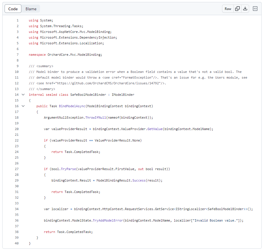 The new SafeBoolModelBinder to produce a validation error when a Boolean field contains an invalid value