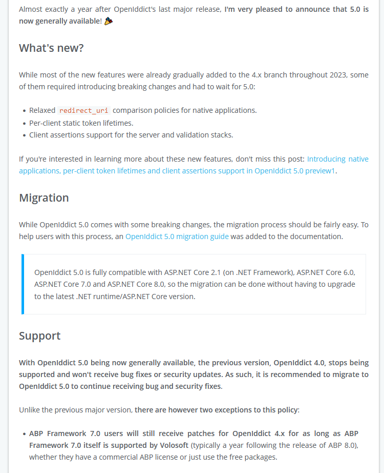 Blog post about the OpenIddict 5.0 general availability