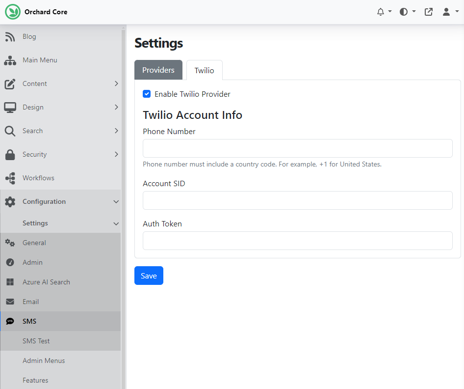 SMS Settings page