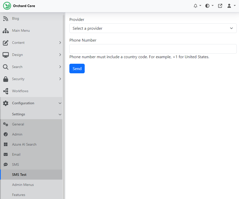 Test SMS Settings page