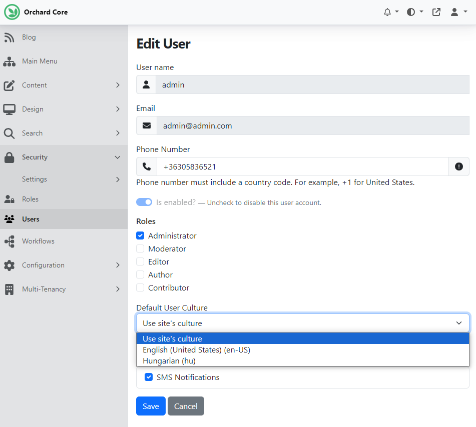 User Localization settings