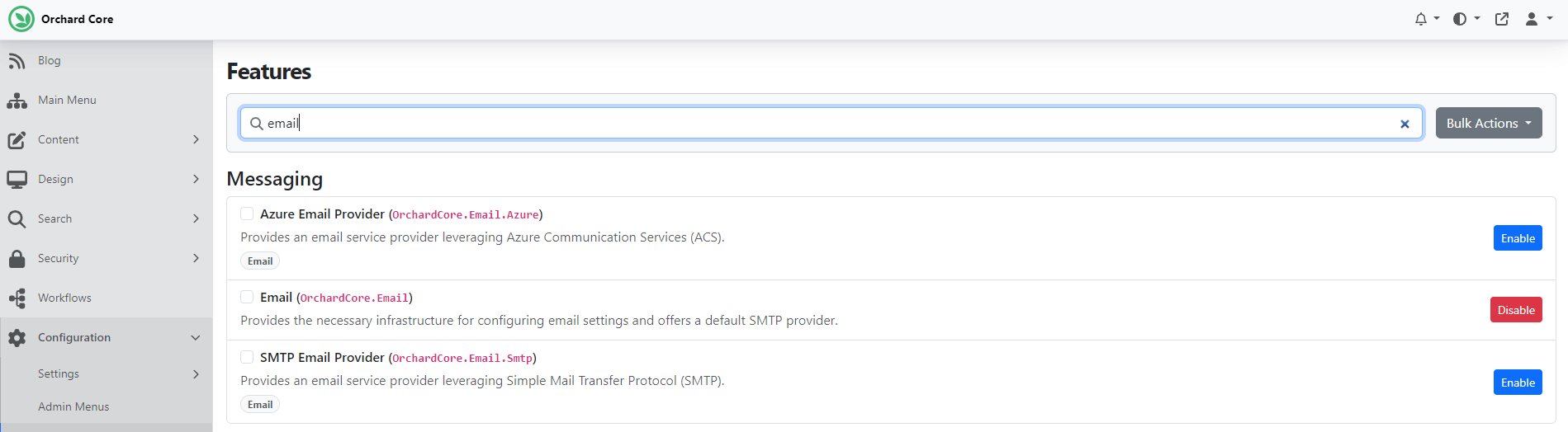 Orchard Core Email-related features