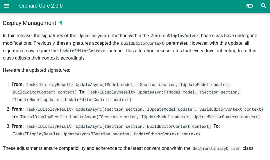 Release notes about SectionDisplayDriver breaking changes