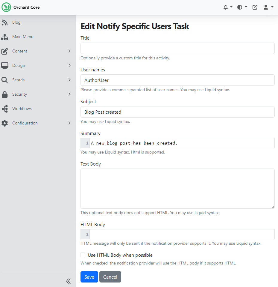 Creating a Notify Specific Users Task