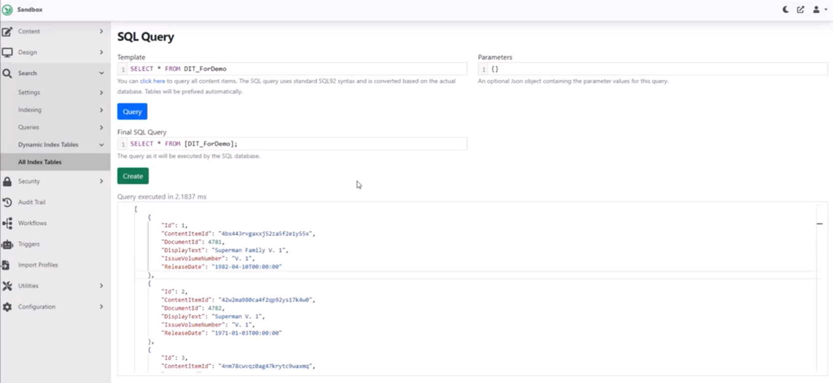 Querying the dynamic index table
