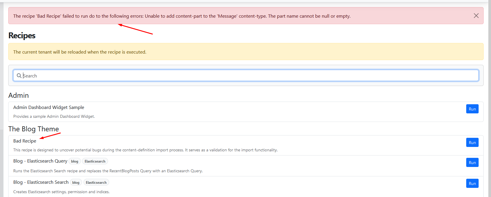 Displaying an error message when running an incorrect recipe