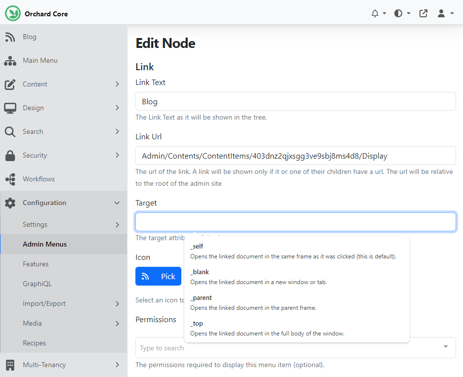 The Target property of the Link Admin Node