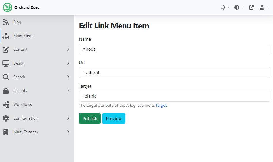 The Target property of the Link Menu Item