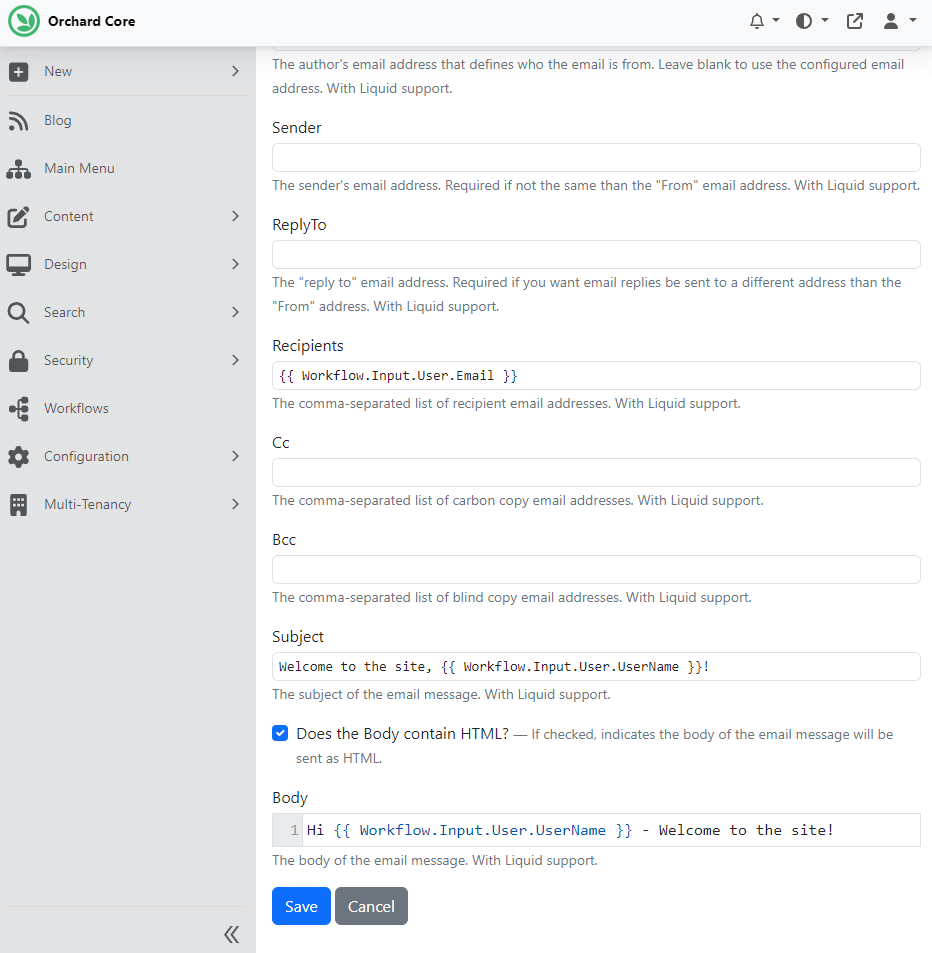 Editing the email task
