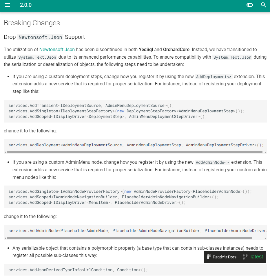 Orchard Core 2.0 breaking changes