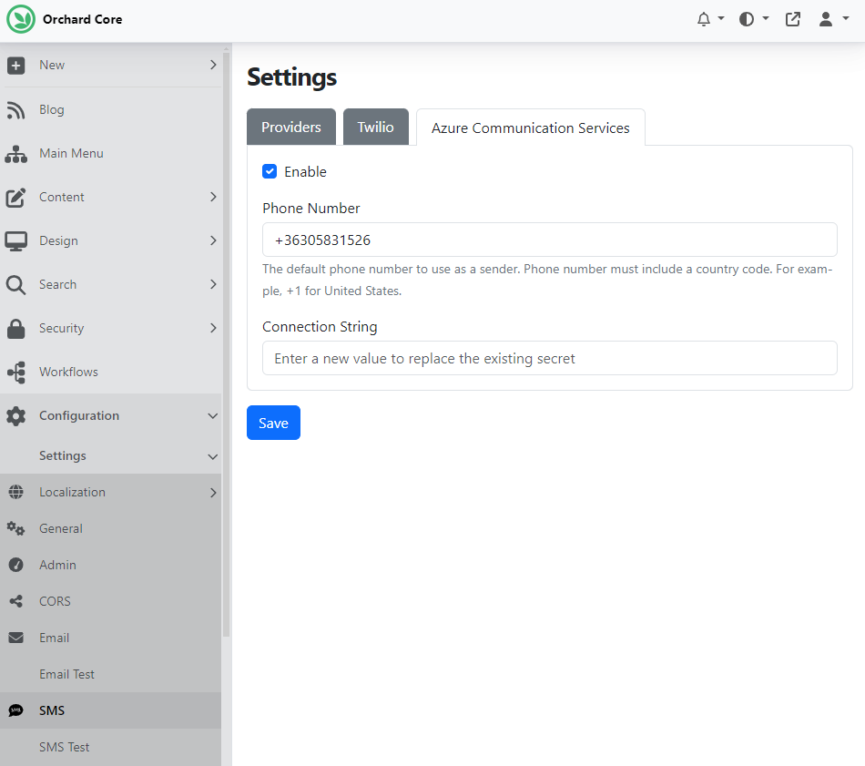 Azure Commnication Services Settings