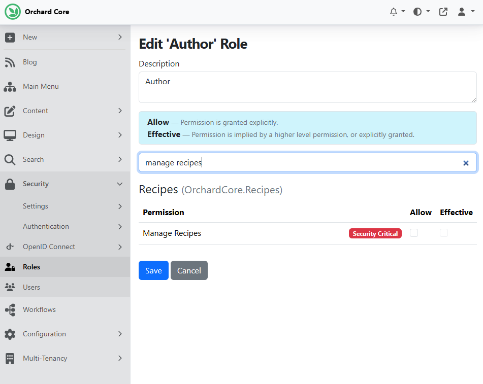 The new Manage Recipes permission