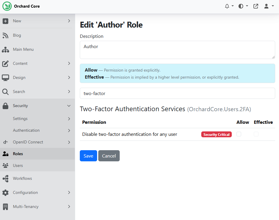 The new Disable two-factor authentication for any user role