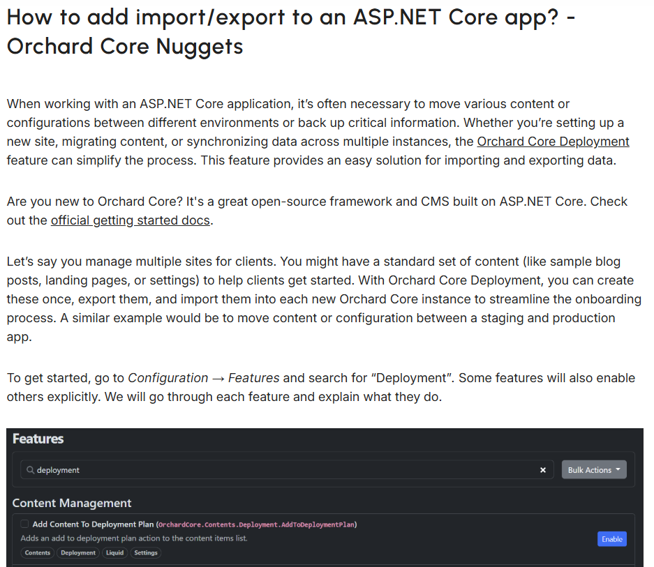 Orchard Nuggets how to add import and export to an ASP.NET Core App