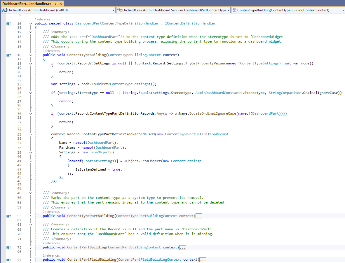 The new DashboardPartContentTypeDefinitionHandler