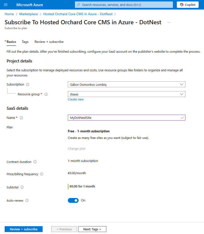 Azure Marketplace integration of DotNest