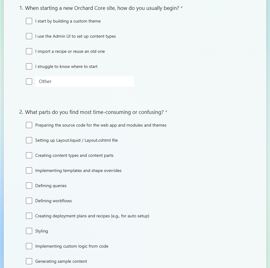 Orchard Core Project Start Experience survey