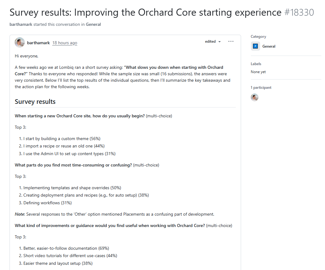 Improving the Orchard Core starting experience survey results