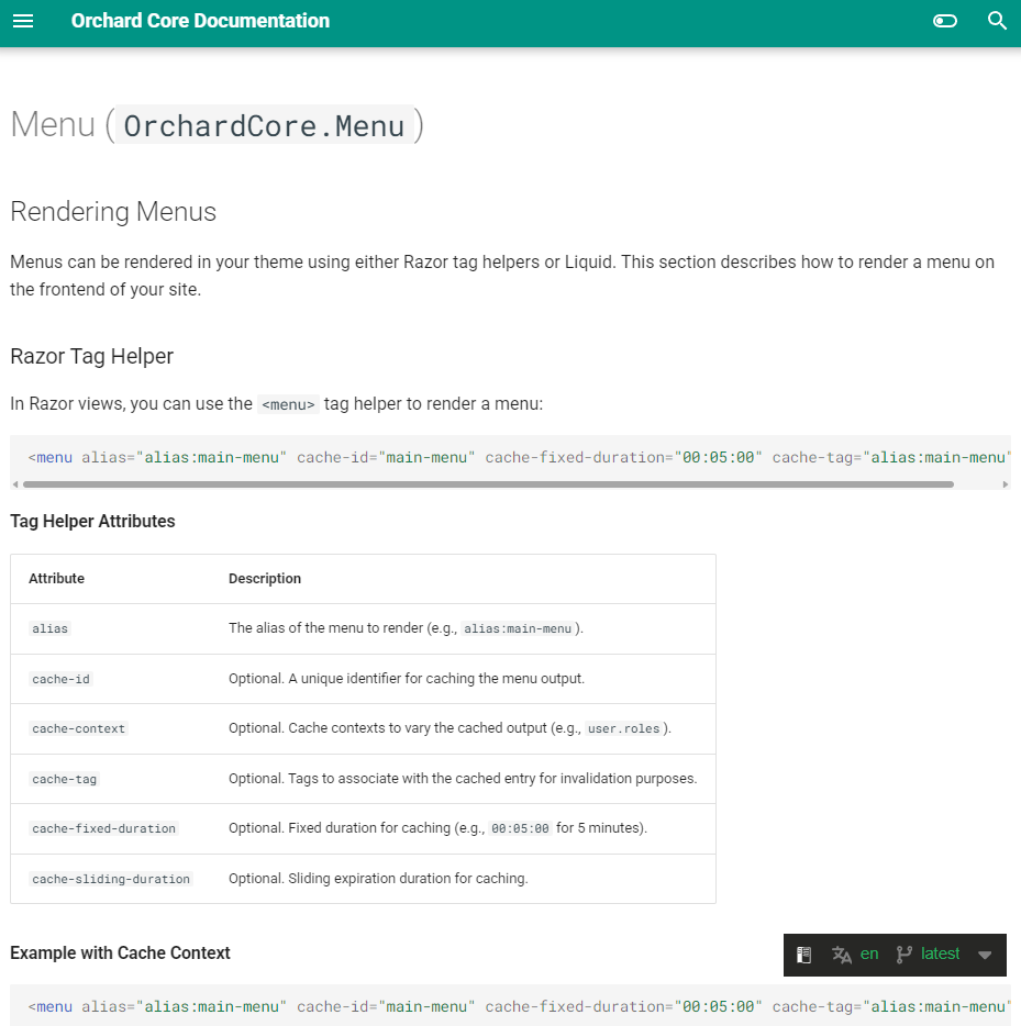 Menu tag helper documentation
