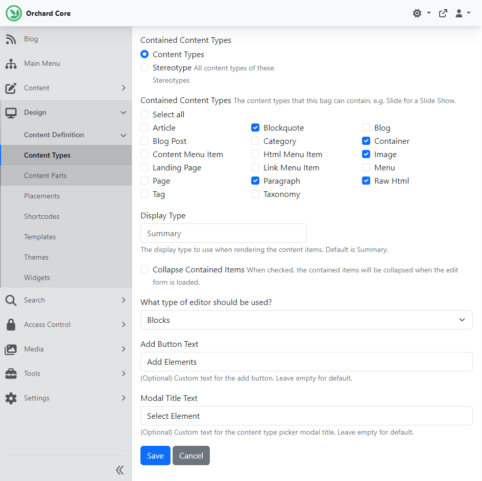 Bag Part Blocks editor settings