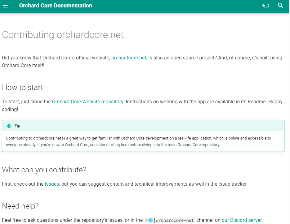 Docs page about contributing to orchardcore.net