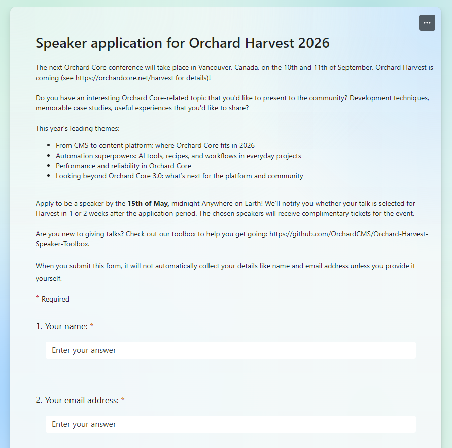Orchard Harvest 2026 speaker application