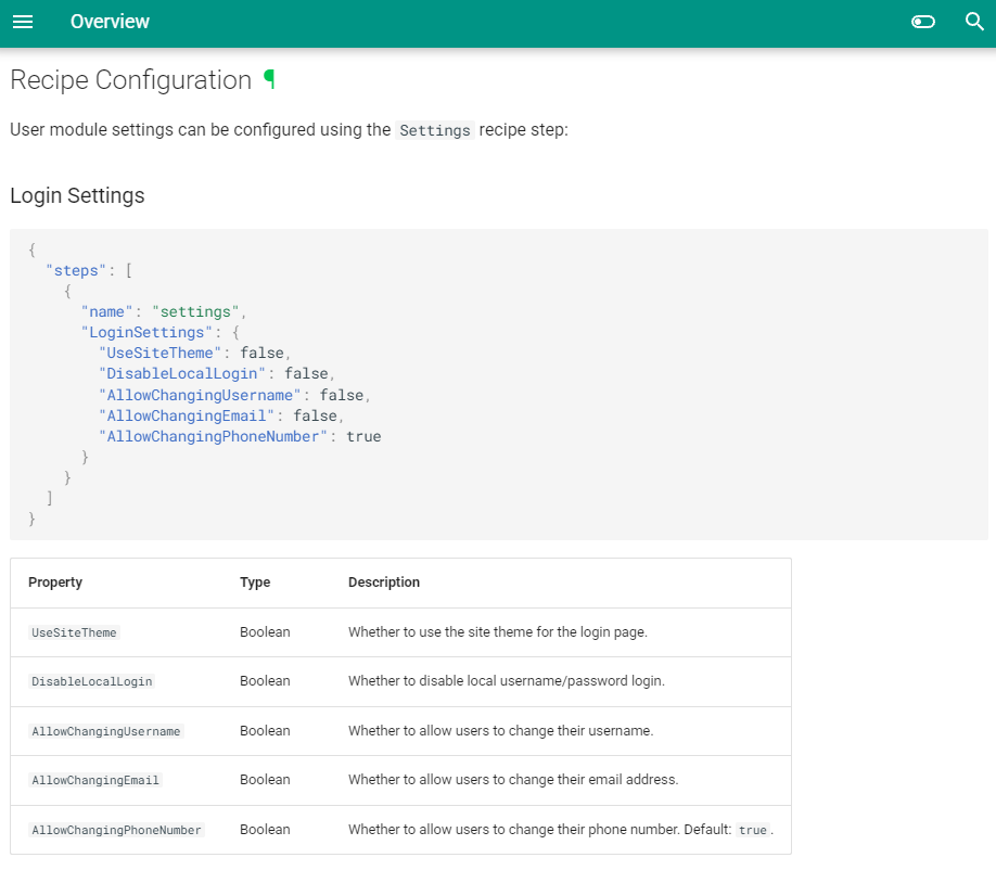 Settings recipe step sections in the docs