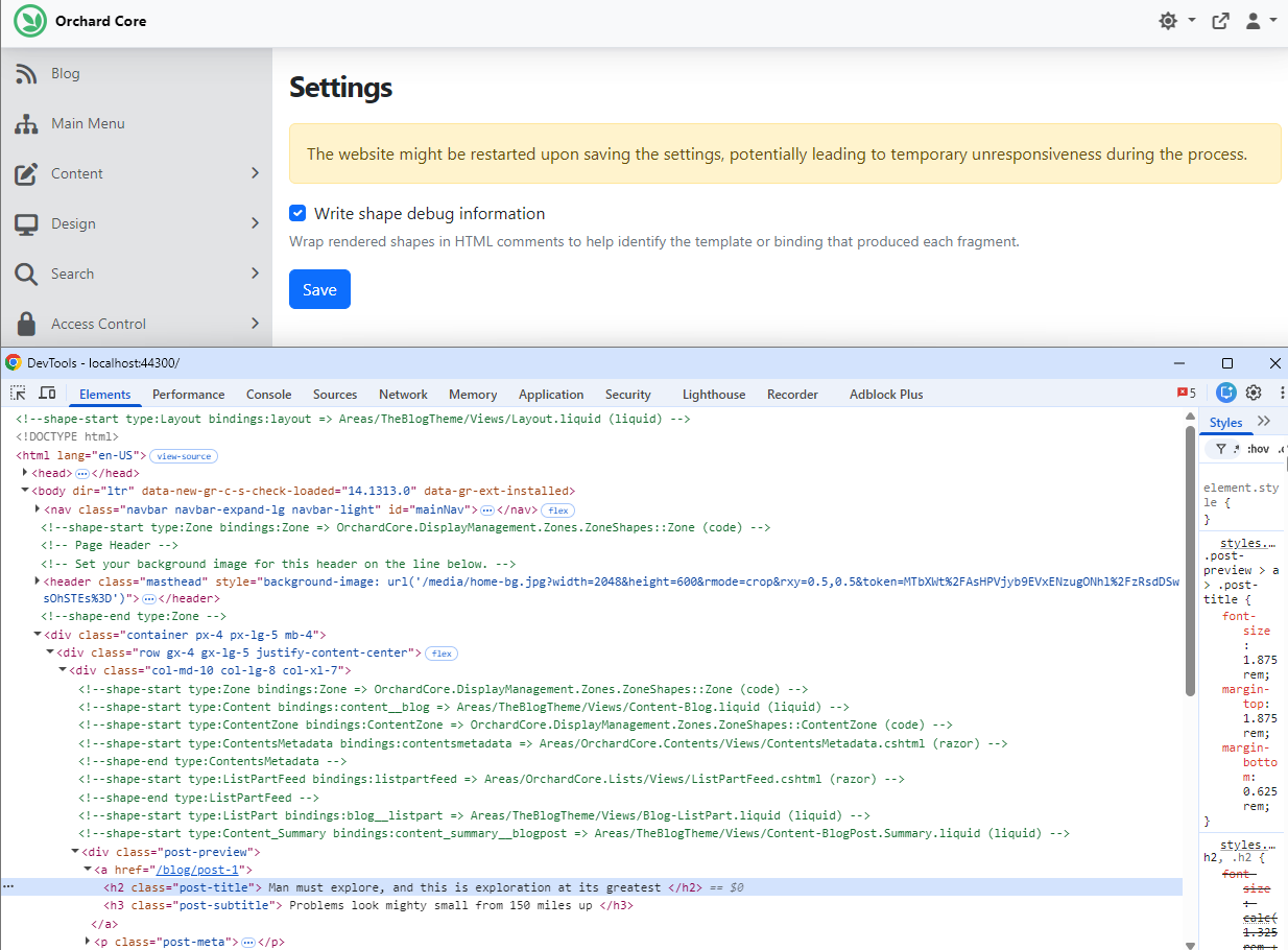 Shape Debugging Site Settings
