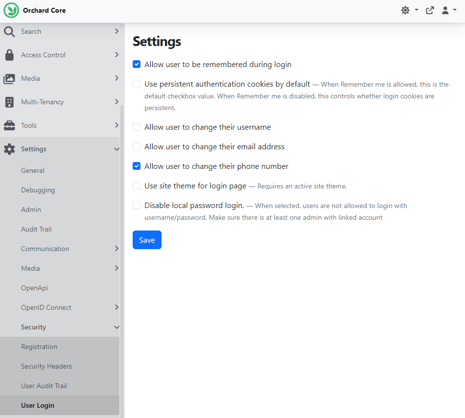 User Login Settings
